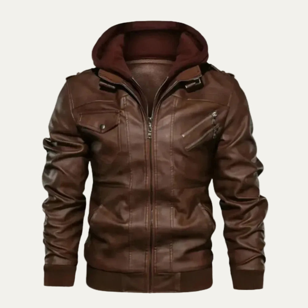 VogeLuxe | Men’s Leather Bomber Jacket with Detachable Hood