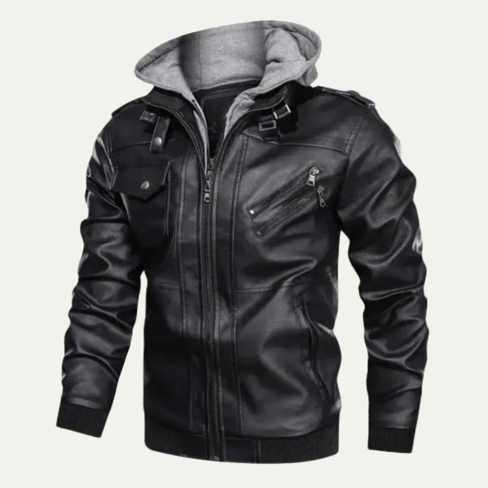 VogeLuxe | Men’s Leather Bomber Jacket with Detachable Hood