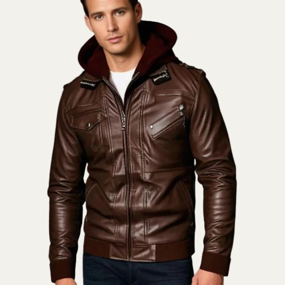 VogeLuxe | Men’s Leather Bomber Jacket with Detachable Hood