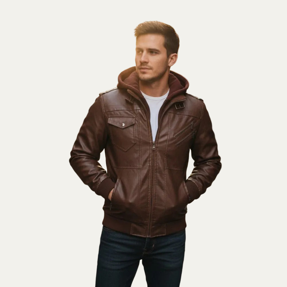 VogeLuxe | Men’s Leather Bomber Jacket with Detachable Hood