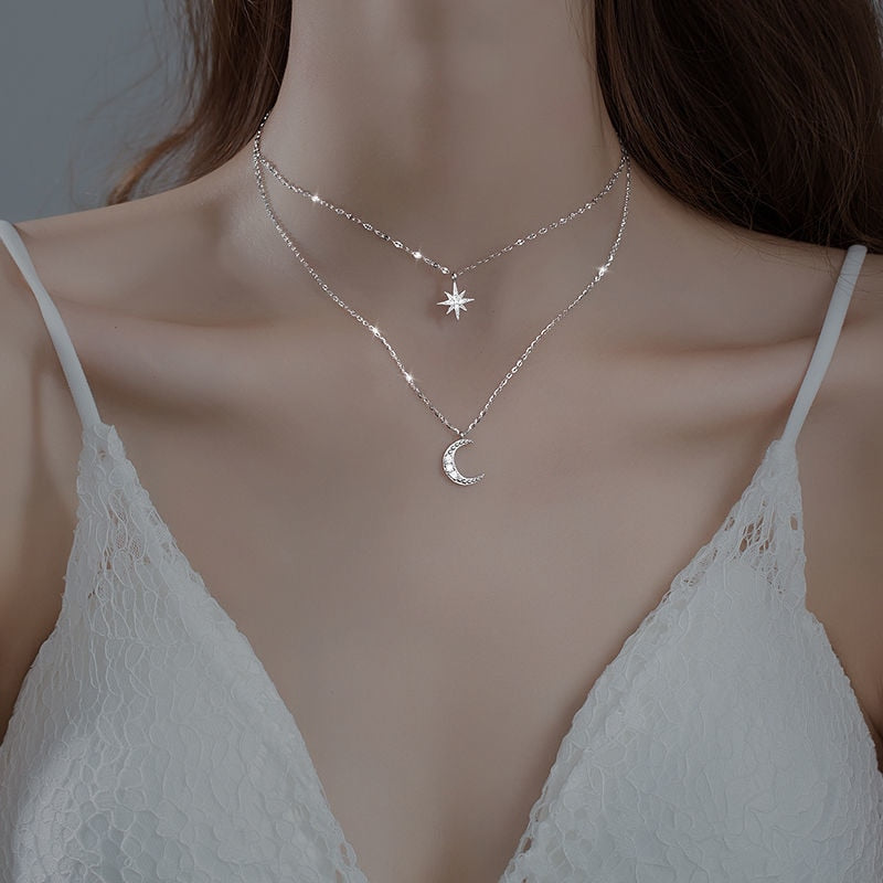 Delicate Double Chain Layered Silver Necklace Pendant - BritishElegance