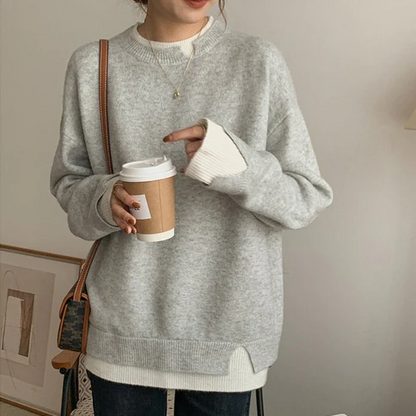 Cozy Large Crew Neck Sweater for Women in Grey White