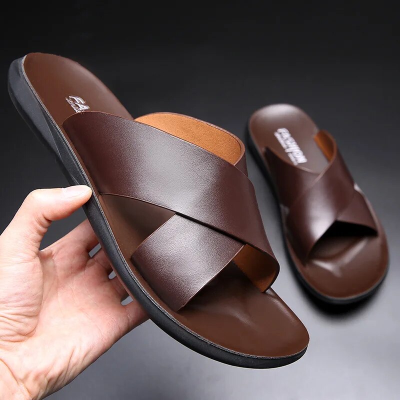 Men's Genuine Leather Slip On Sandals - VogeLuxe