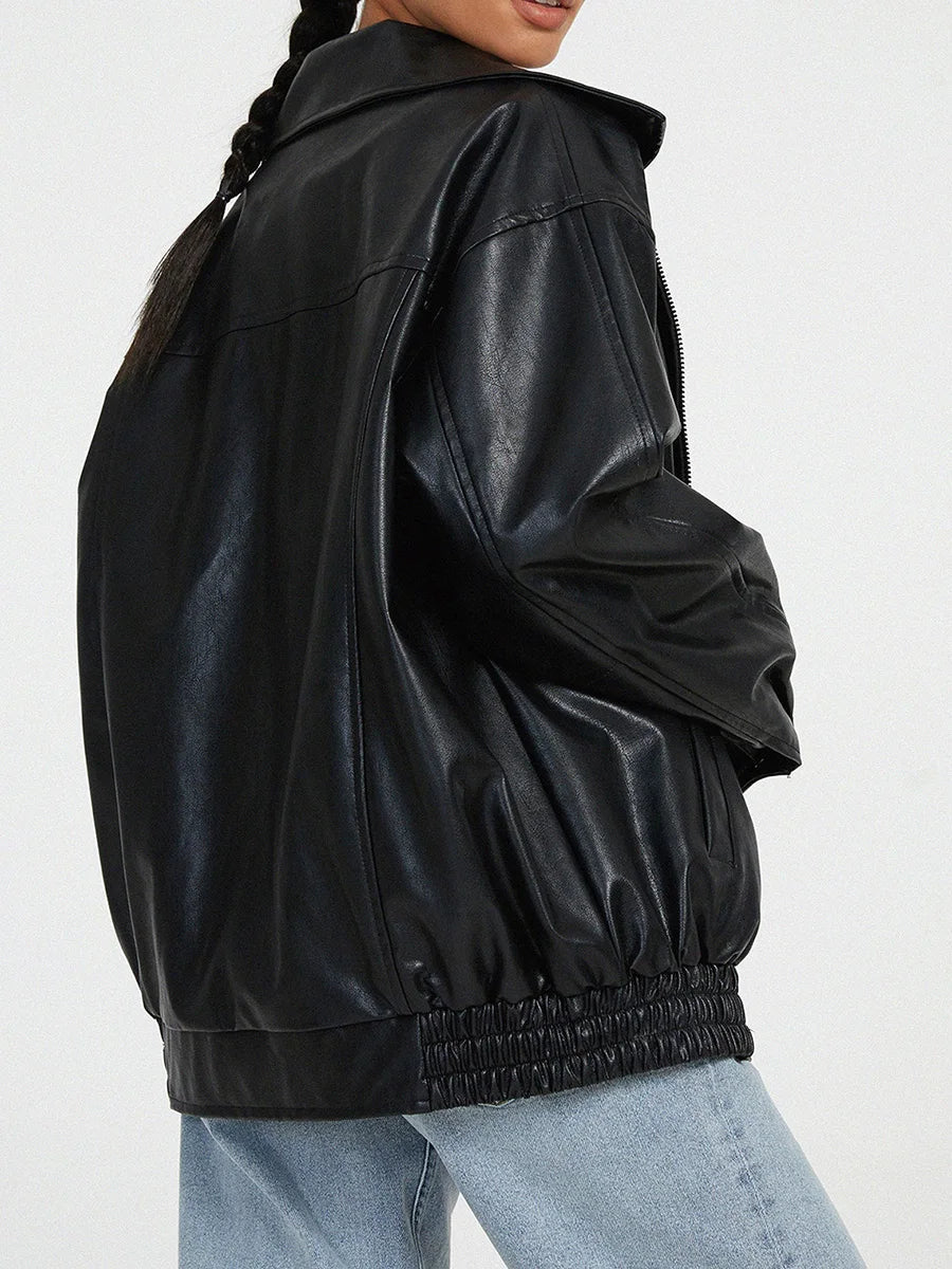Women's Large Faux Leather Biker Jacket with Zip Front