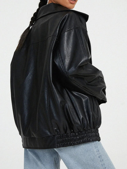 Women's Large Faux Leather Biker Jacket with Zip Front
