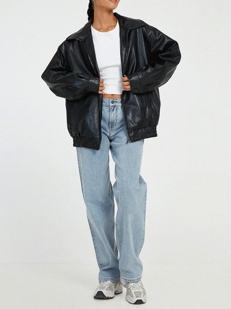Women's Large Faux Leather Biker Jacket with Zip Front - VogeLuxe