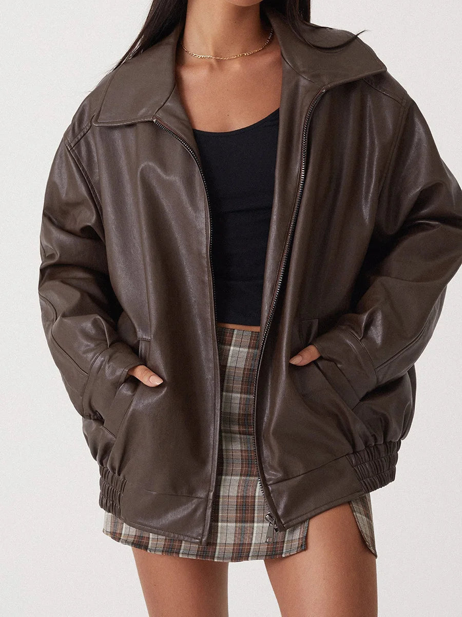 Women's Large Faux Leather Biker Jacket with Zip Front