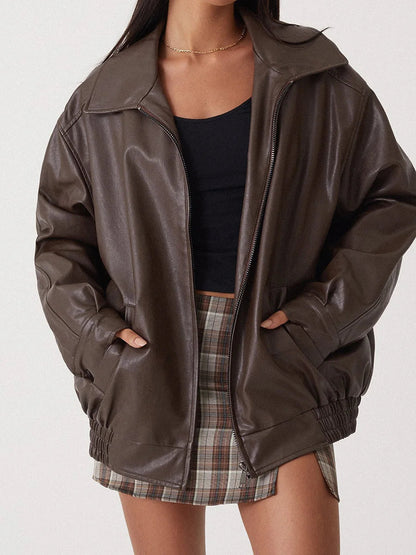 Women's Large Faux Leather Biker Jacket with Zip Front