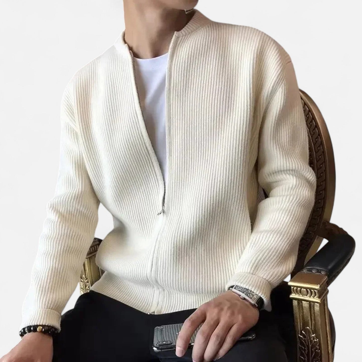 VogeLuxe | Men’s Ribbed Full Zip High Collar Cardigan