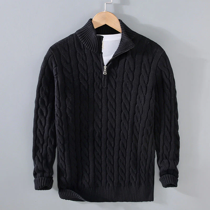 Warm Men's Cable Knit Zip Turtleneck Sweater
