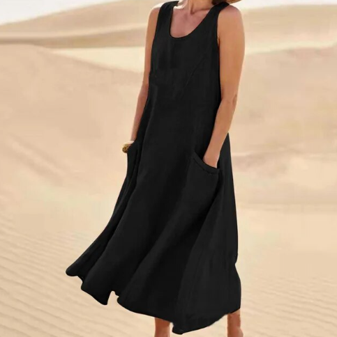 Ladies' Casual Midi Dress with Pockets for Summer