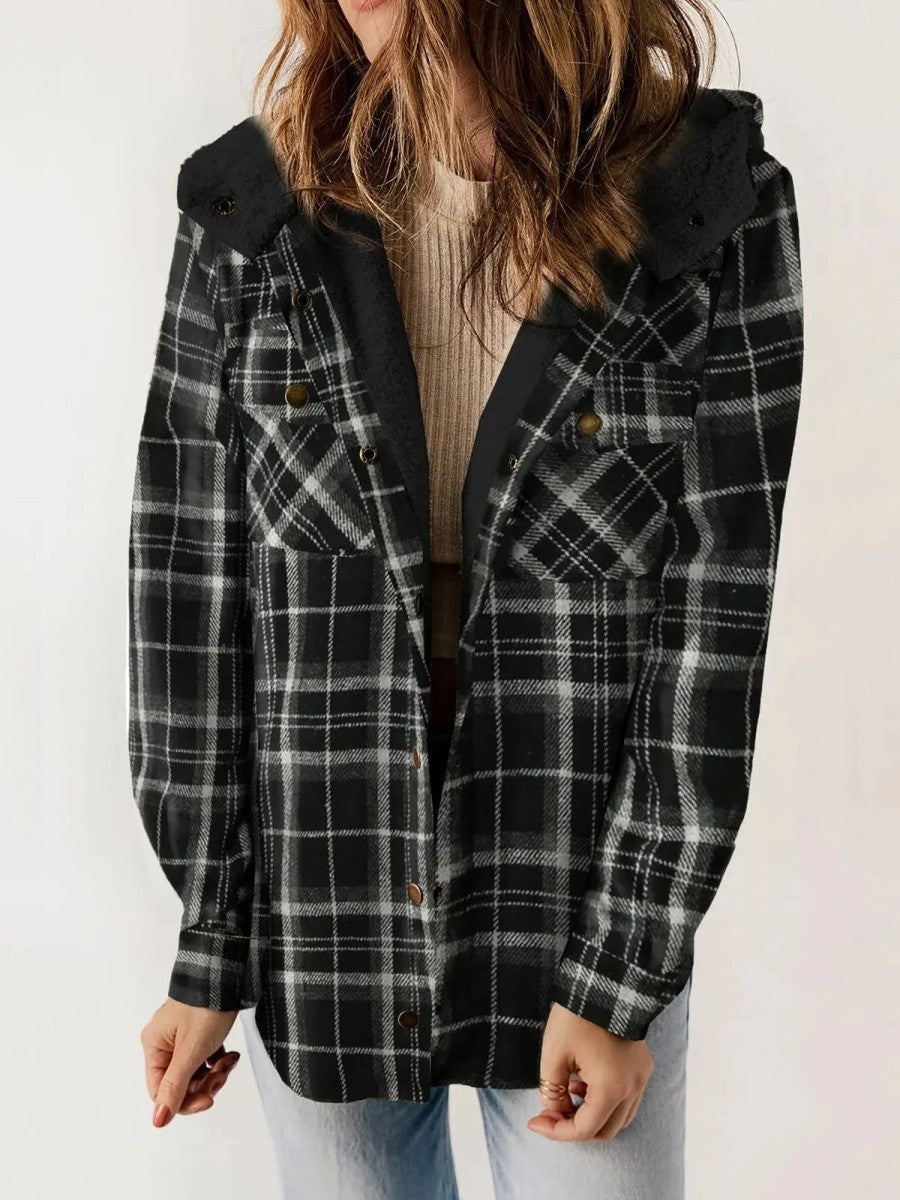 Warm Women's Hooded Flannel Shirt Jacket