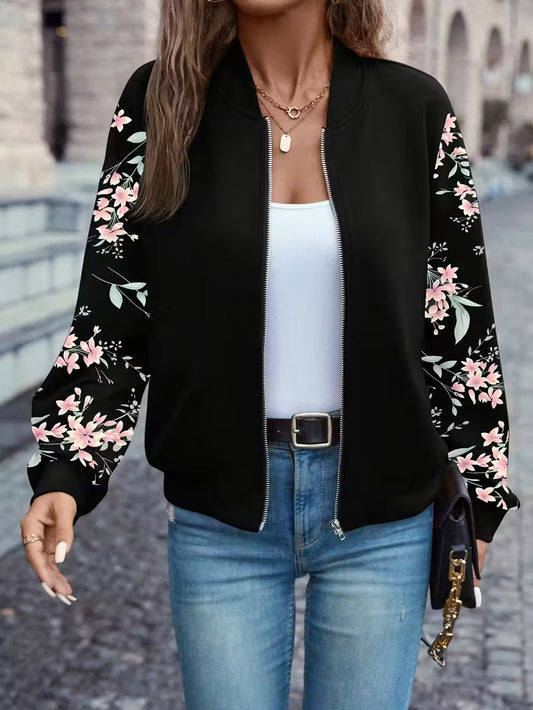 Chic Black Floral Zip Up Jacket - VogeLuxe