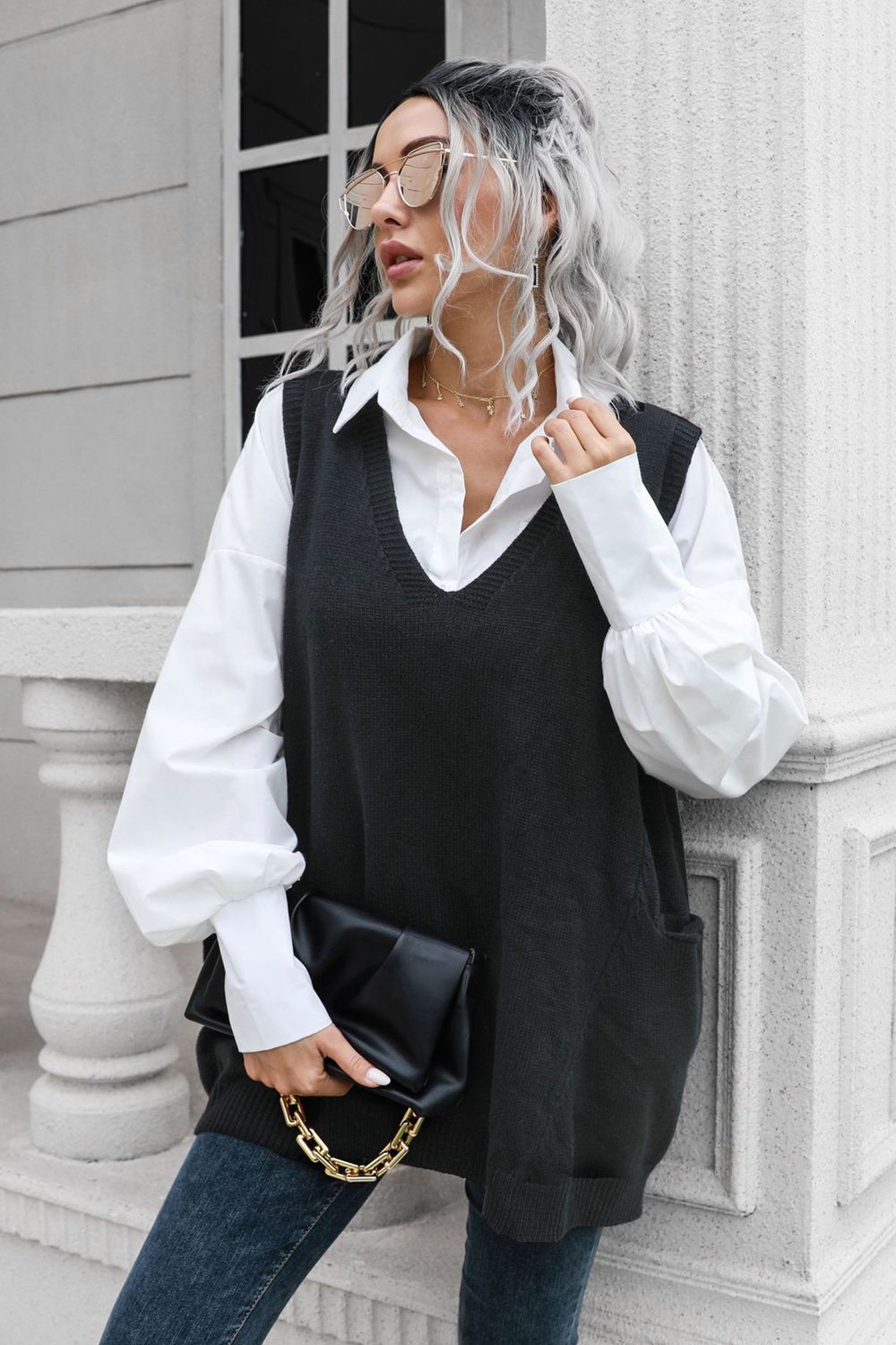 Crew Neck Tank Top Sweater Vest with Pockets - BritishElegance