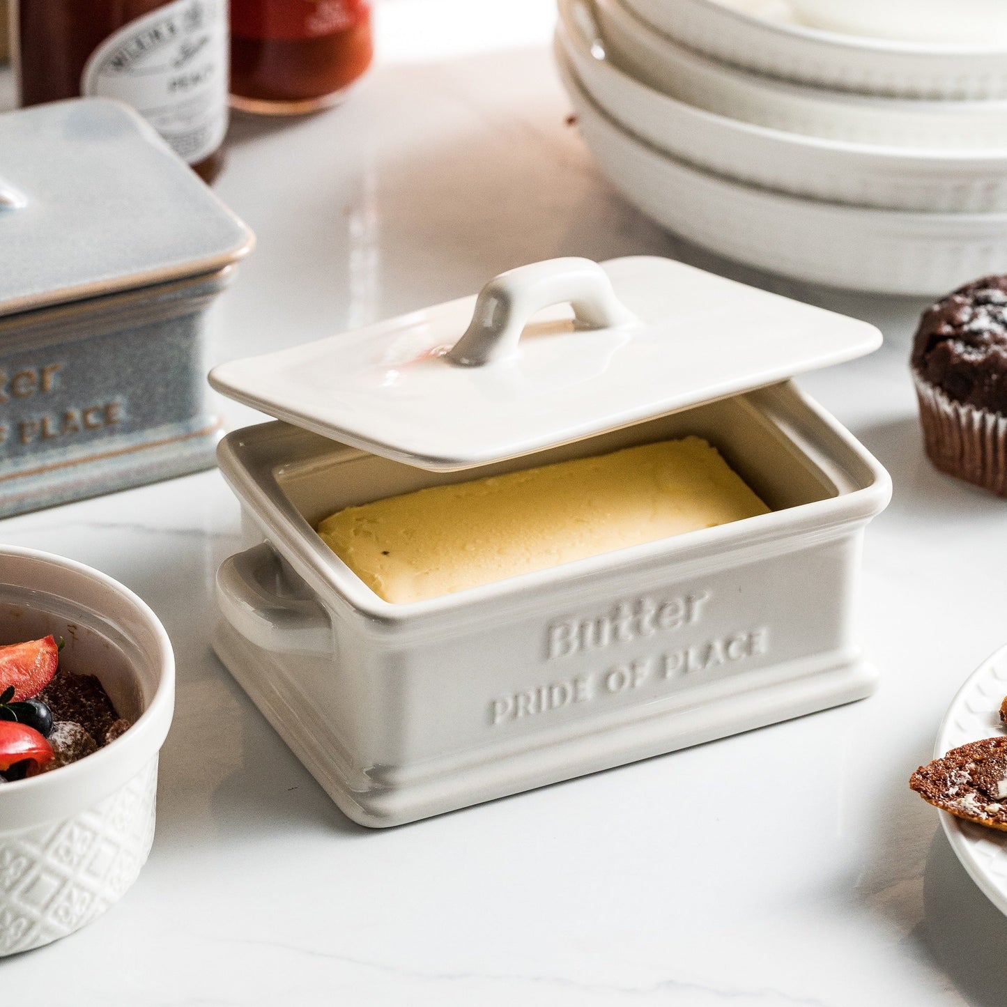 Rustic White Ceramic Butter Container with Lid