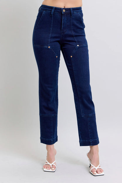 Classic Straight Leg Jeans with Knee Patches - VogeLuxe