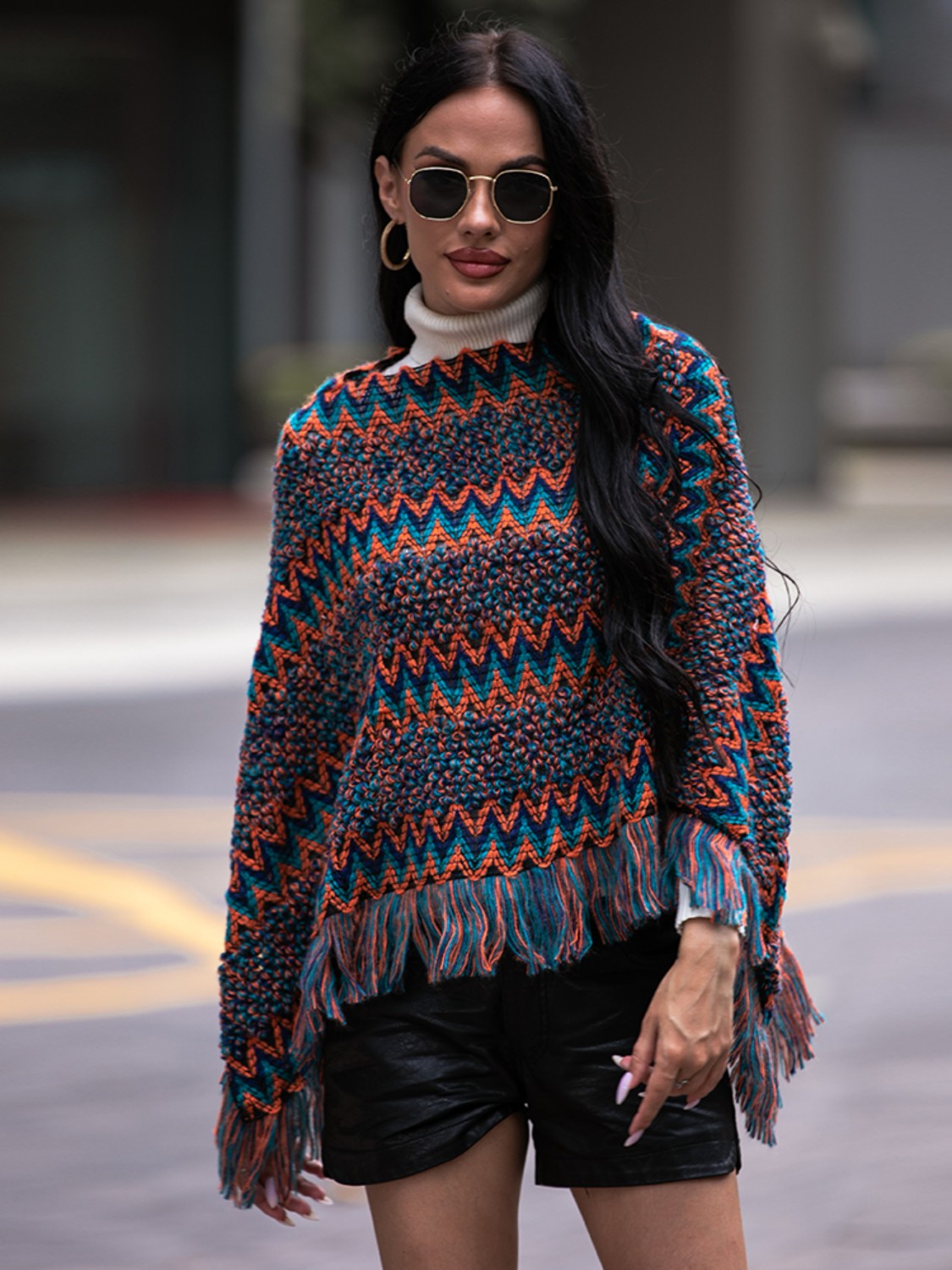 Fashionable Tassel Edge Boatneck Poncho - VogeLuxe