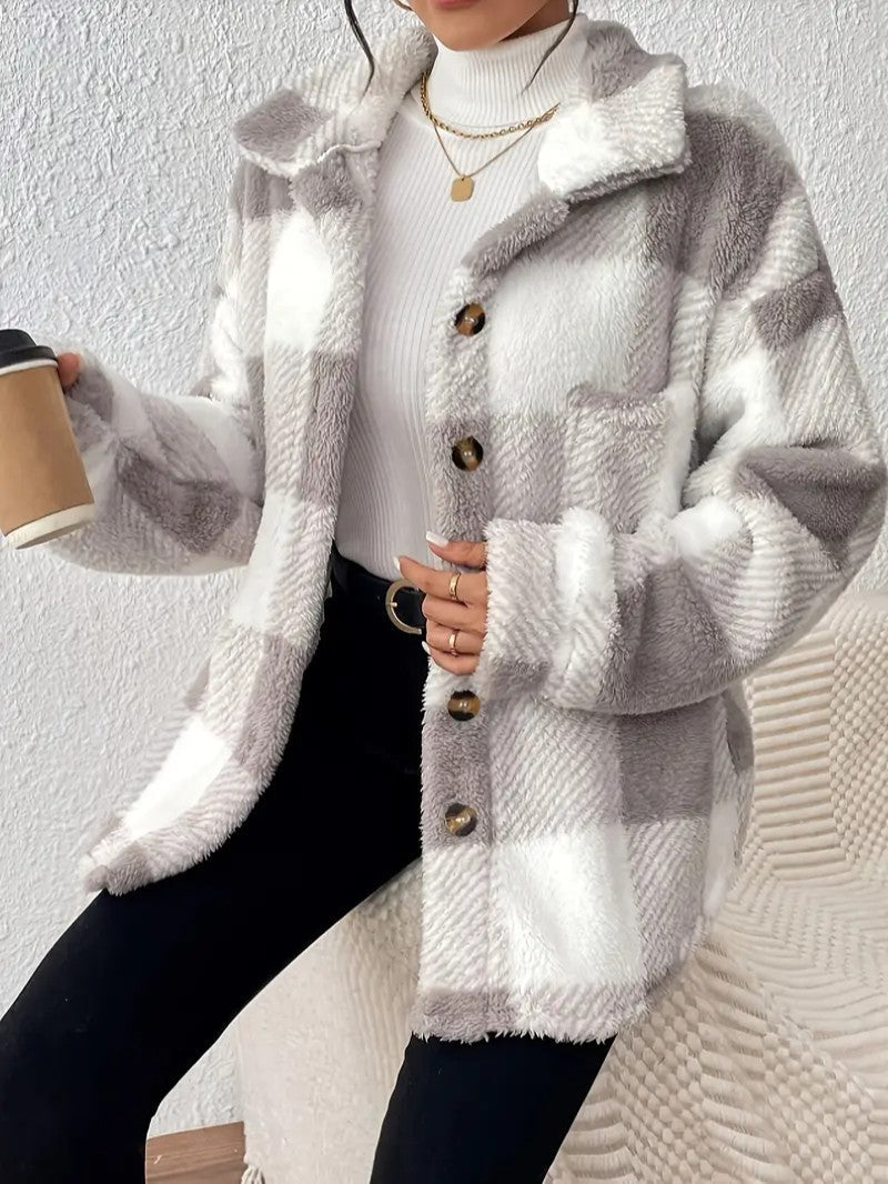 VogeLuxe | Women’s Oversized Teddy Plaid Shacket