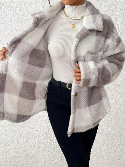 VogeLuxe | Women’s Oversized Teddy Plaid Shacket