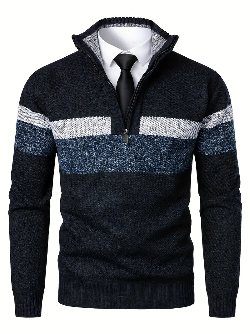 Men's Warm Dark Blue Crew Neck Sweater - BritishElegance