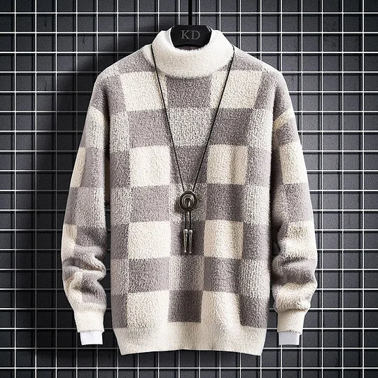 Warm Mens Plaid Crew Neck Sweater