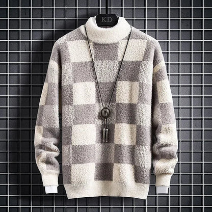 Warm Mens Plaid Crew Neck Sweater