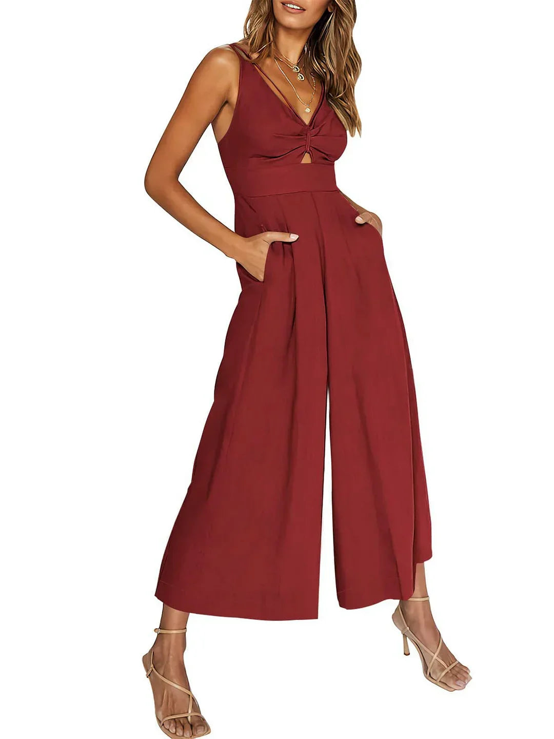 Summer V-Neck Jumpsuit for Women with Cut Out Detail - VogeLuxe