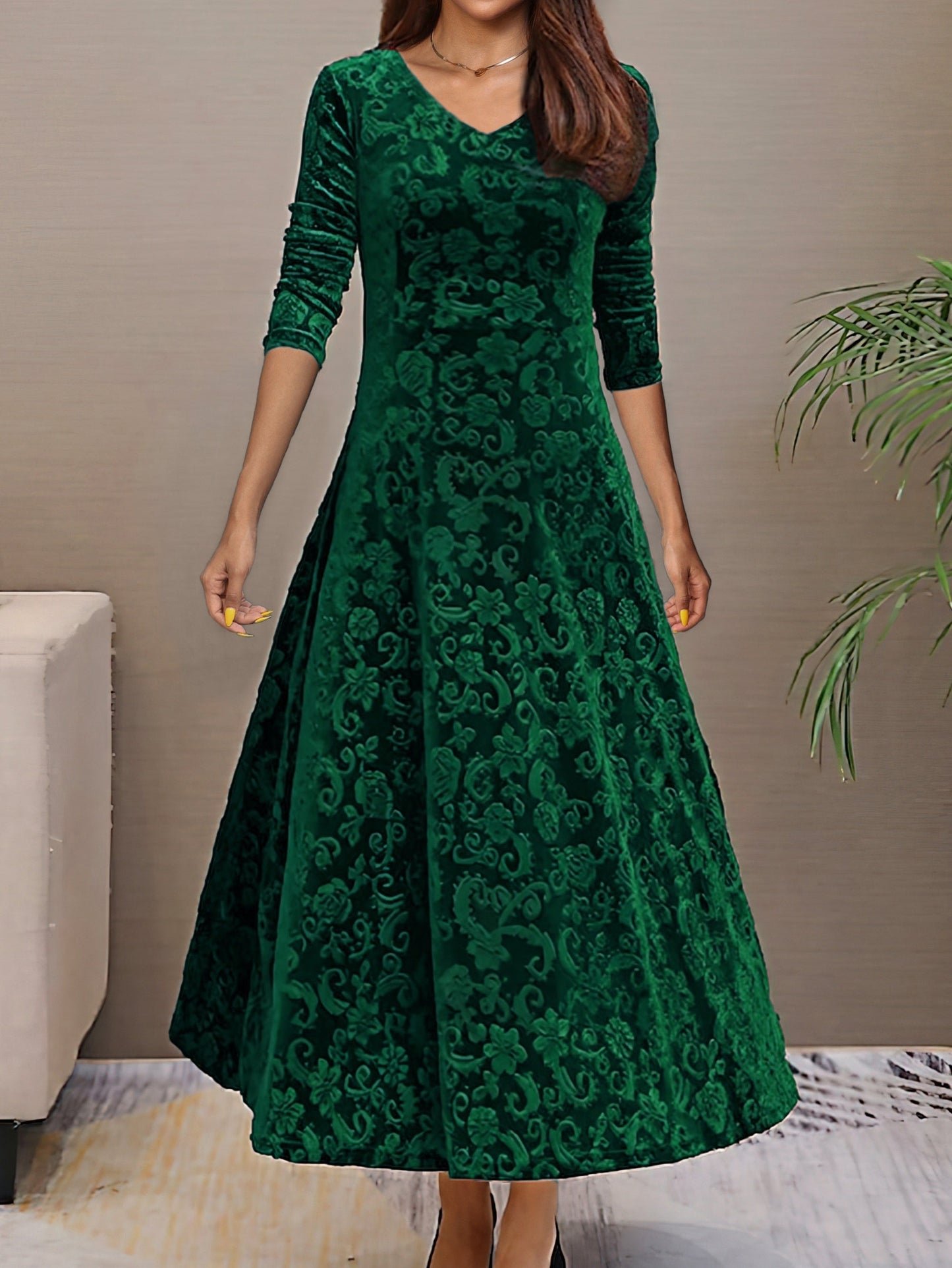 Elegant Women's Long Sleeve Velvet Formal Dress Plus Size