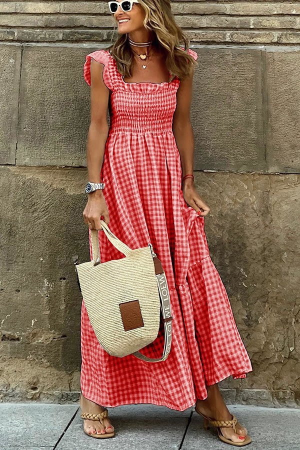 Women's Elegant Print Maxi Dress with Classic Plaid Design