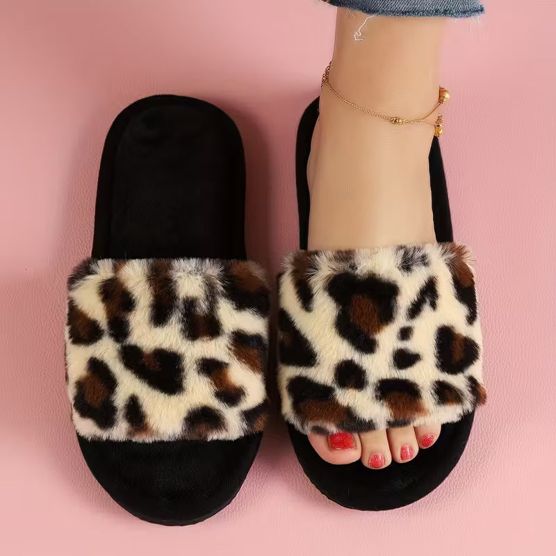 Cozy Faux Fur Leopard House Slippers