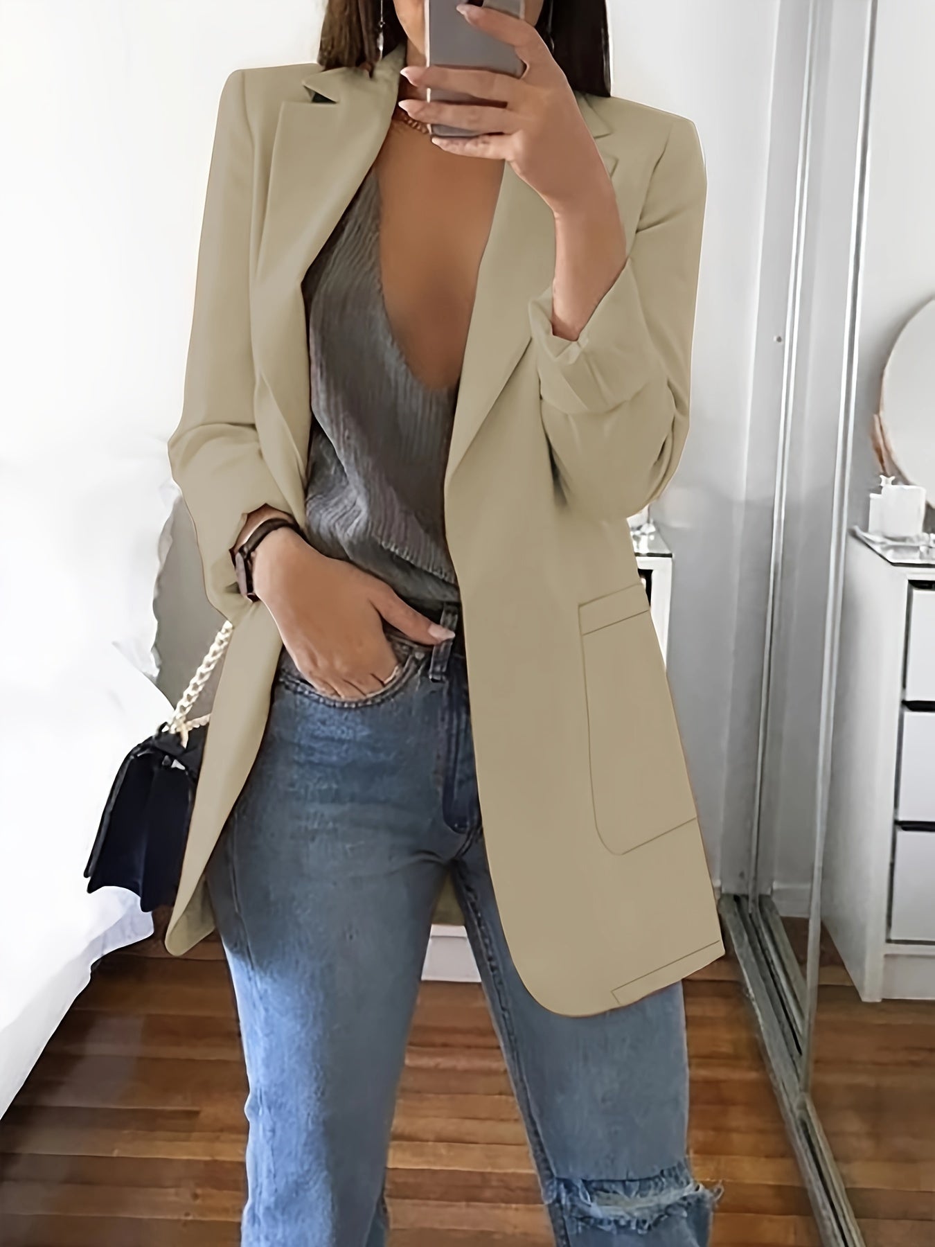 Classic Women's Formal Solid Blazer with Notched Lapel
