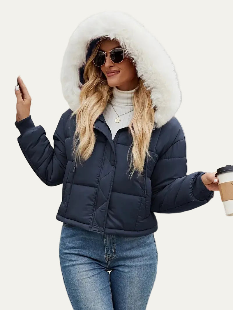 VogeLuxe | Women’s Cropped Quilted Puffer Jacket with Faux Fur Hood