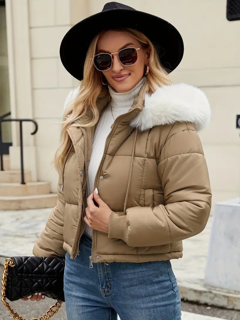 VogeLuxe | Women’s Cropped Quilted Puffer Jacket with Faux Fur Hood