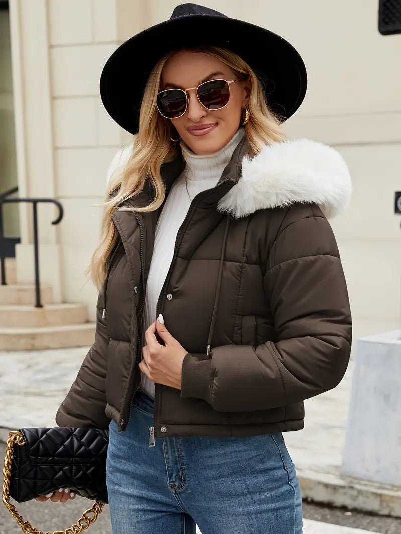 VogeLuxe | Women’s Cropped Quilted Puffer Jacket with Faux Fur Hood