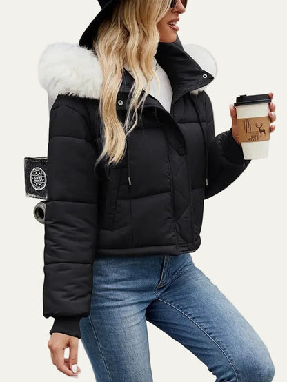 VogeLuxe | Women’s Cropped Quilted Puffer Jacket with Faux Fur Hood