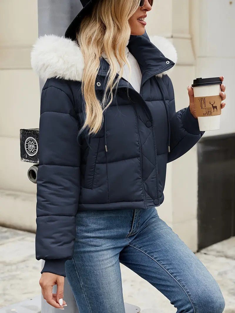VogeLuxe | Women’s Cropped Quilted Puffer Jacket with Faux Fur Hood