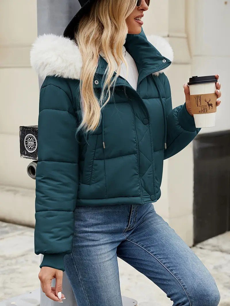 VogeLuxe | Women’s Cropped Quilted Puffer Jacket with Faux Fur Hood