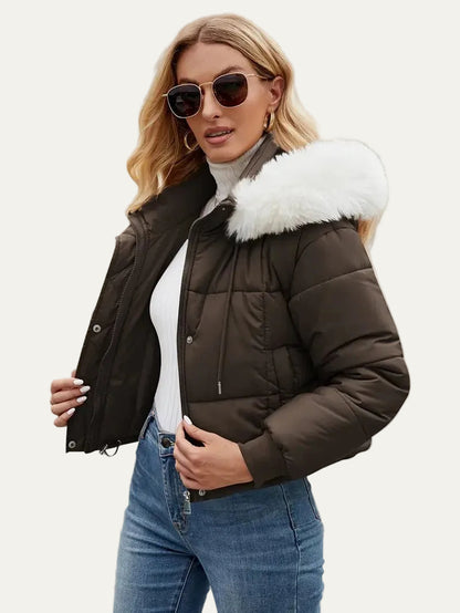 VogeLuxe | Women’s Cropped Quilted Puffer Jacket with Faux Fur Hood
