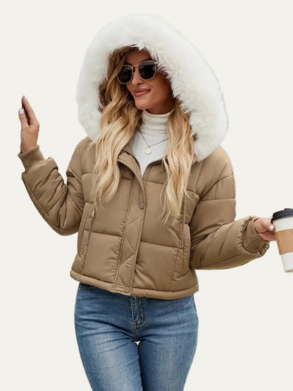 VogeLuxe | Women’s Cropped Quilted Puffer Jacket with Faux Fur Hood