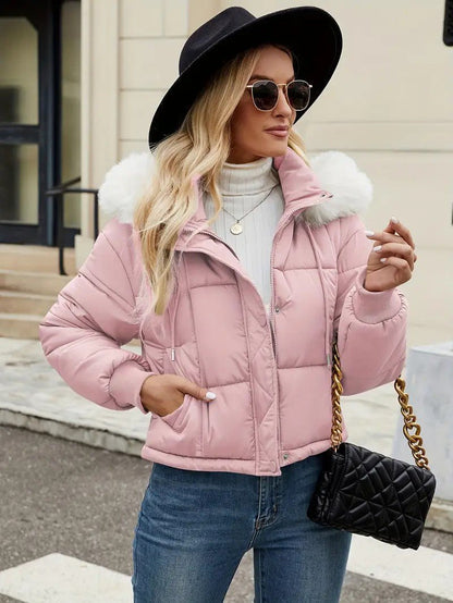VogeLuxe | Women’s Cropped Quilted Puffer Jacket with Faux Fur Hood