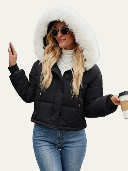 VogeLuxe | Women’s Cropped Quilted Puffer Jacket with Faux Fur Hood