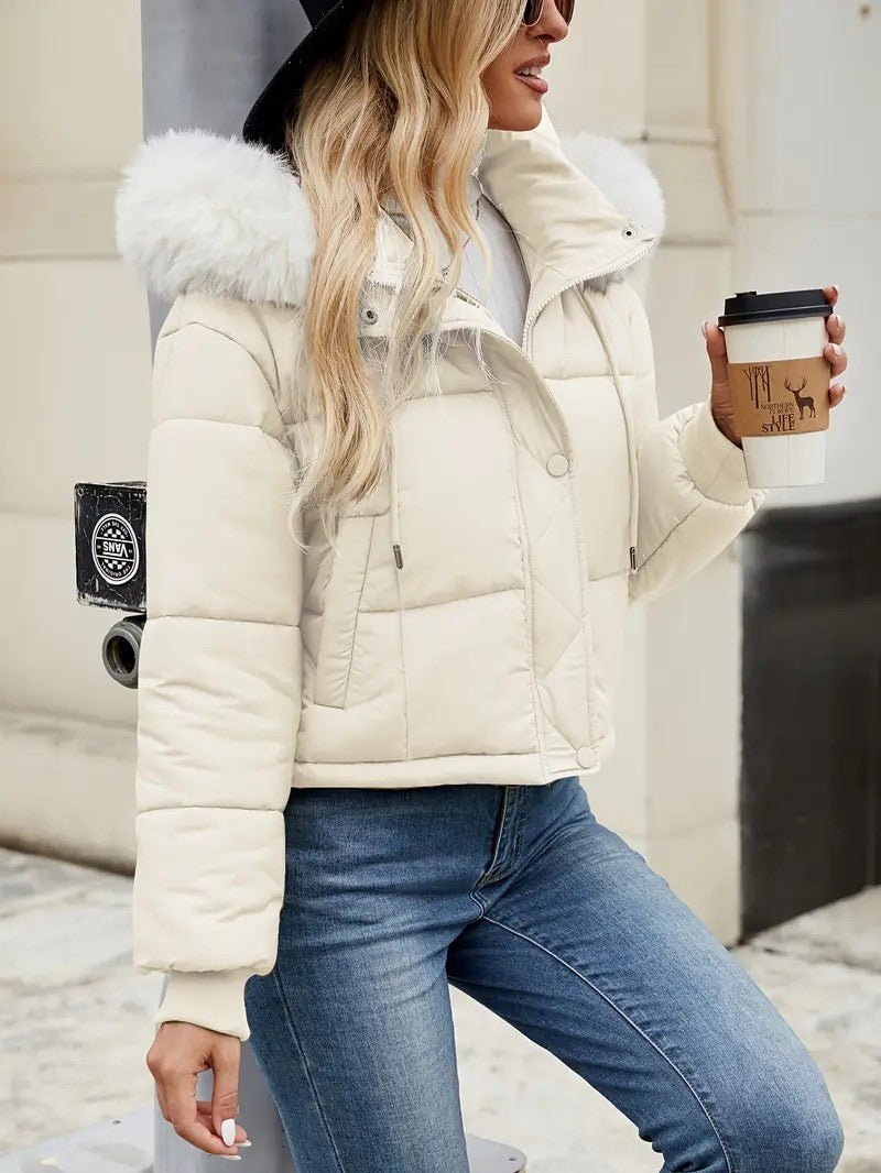 VogeLuxe | Women’s Cropped Quilted Puffer Jacket with Faux Fur Hood