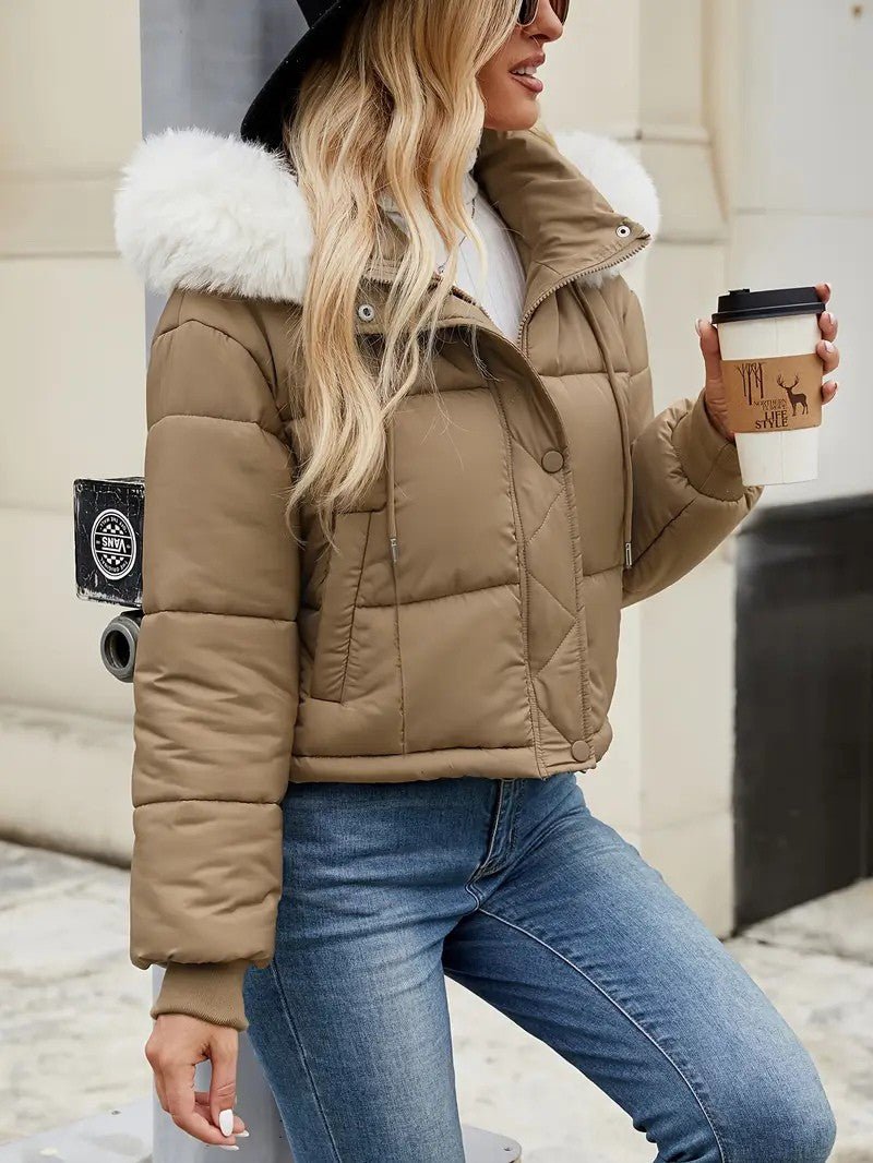 VogeLuxe | Women’s Cropped Quilted Puffer Jacket with Faux Fur Hood