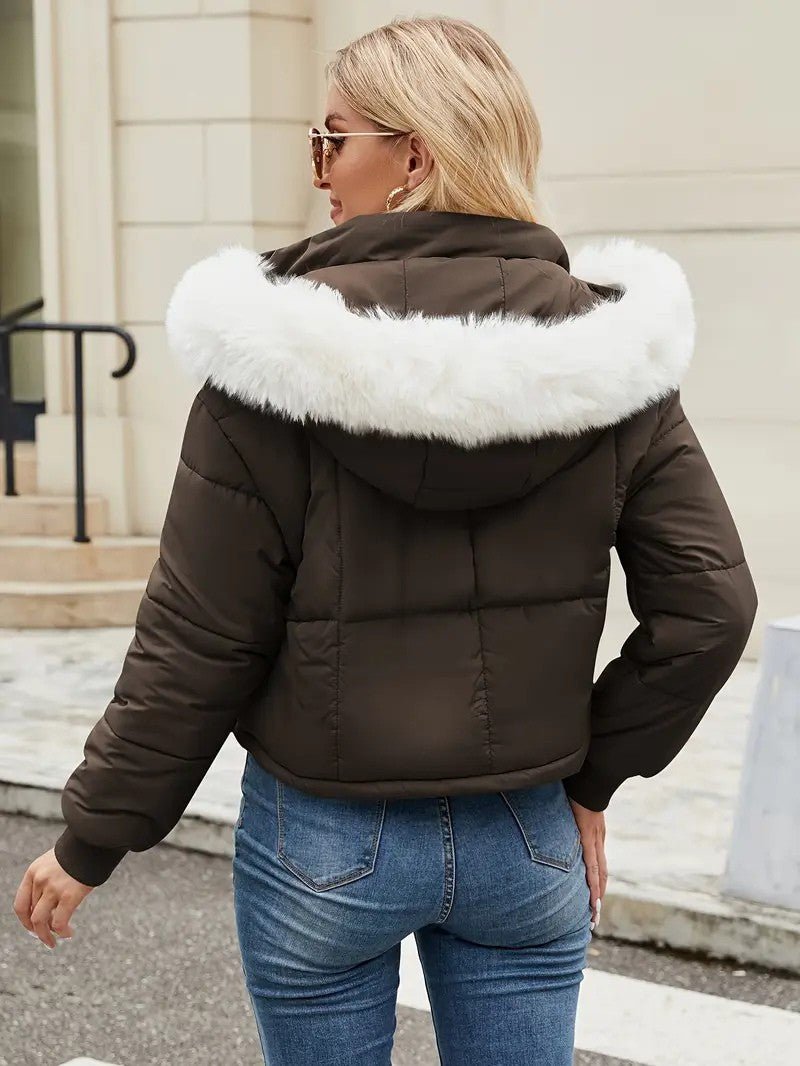VogeLuxe | Women’s Cropped Quilted Puffer Jacket with Faux Fur Hood