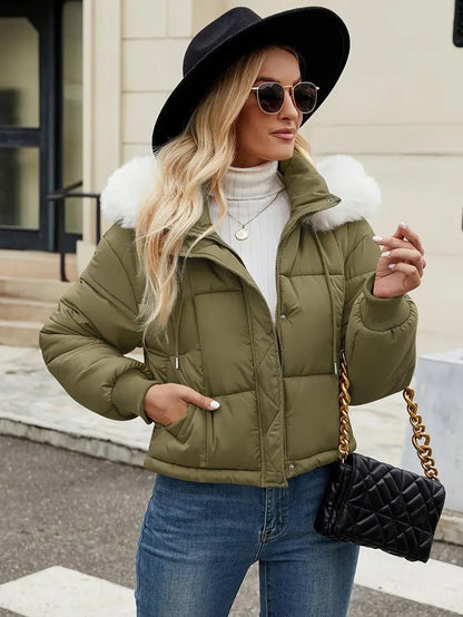 VogeLuxe | Women’s Cropped Quilted Puffer Jacket with Faux Fur Hood