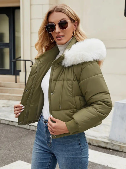 VogeLuxe | Women’s Cropped Quilted Puffer Jacket with Faux Fur Hood
