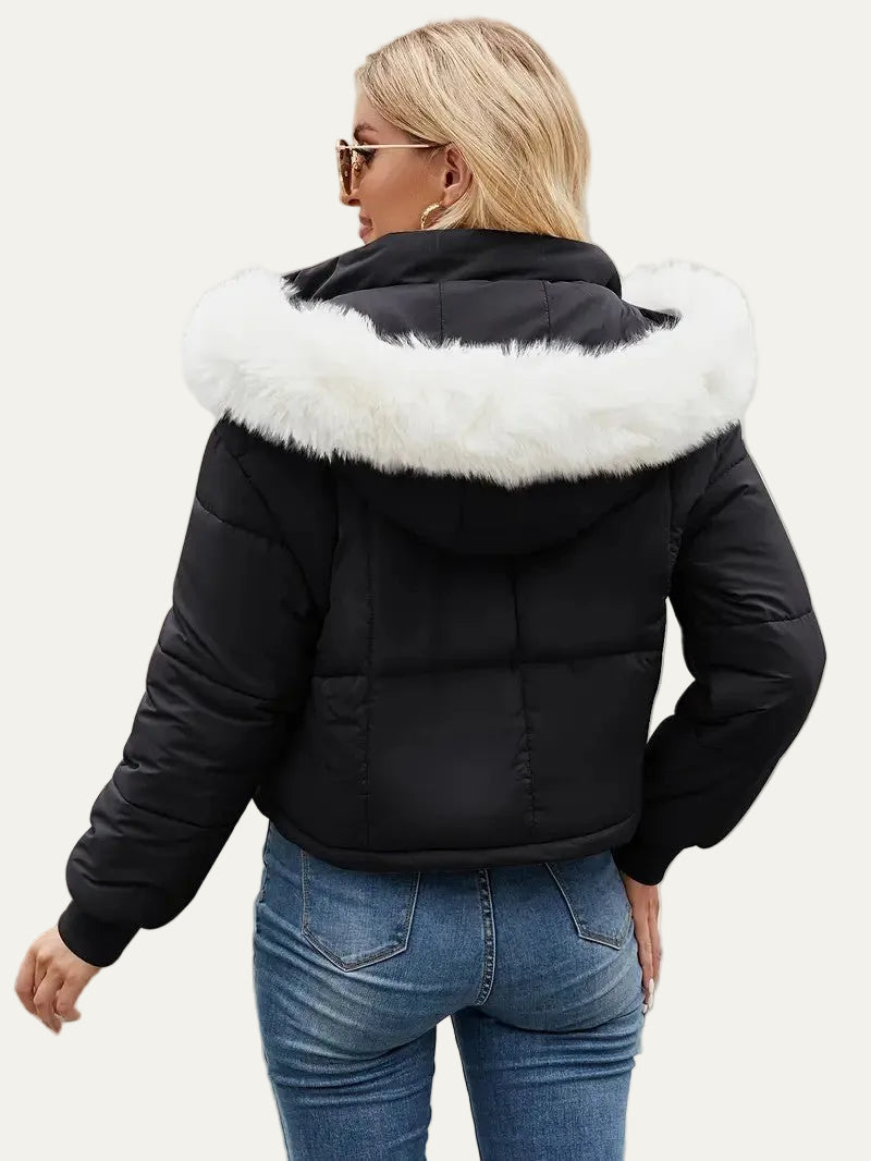 VogeLuxe | Women’s Cropped Quilted Puffer Jacket with Faux Fur Hood