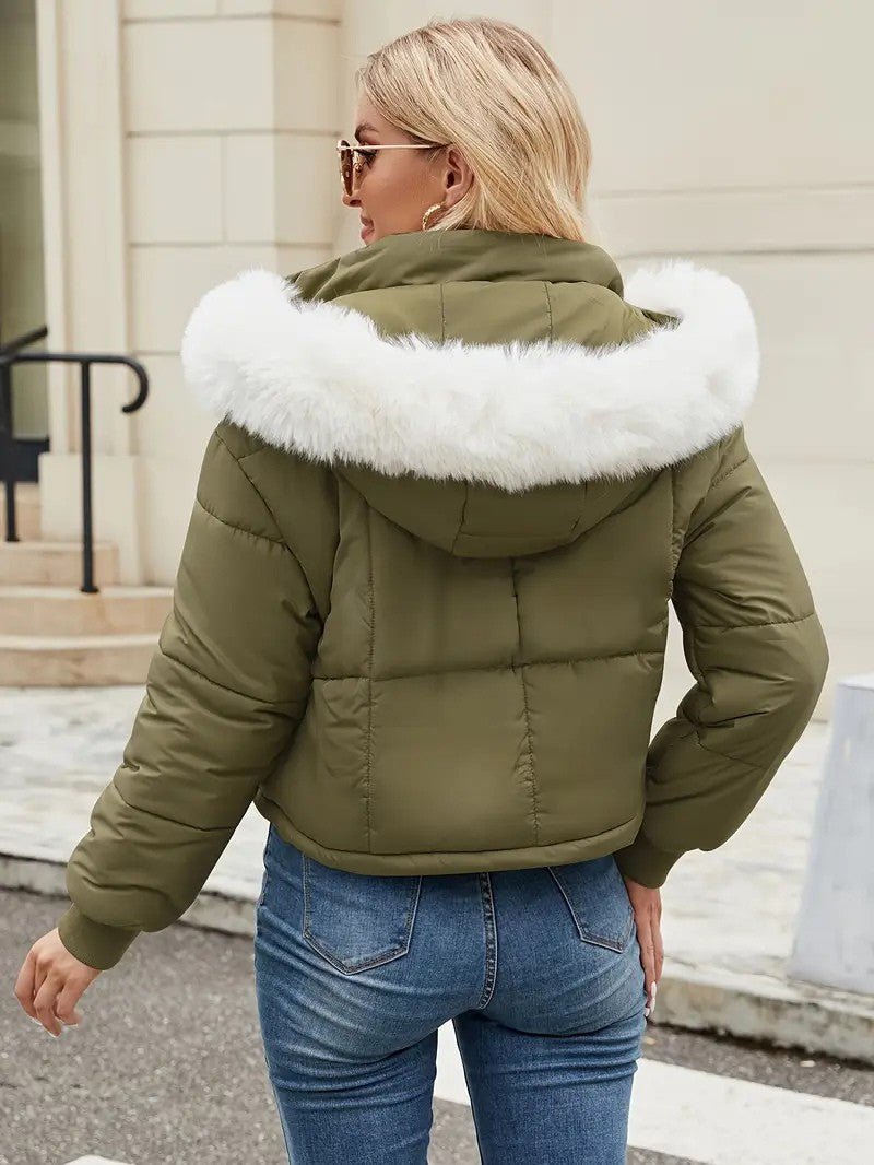 VogeLuxe | Women’s Cropped Quilted Puffer Jacket with Faux Fur Hood