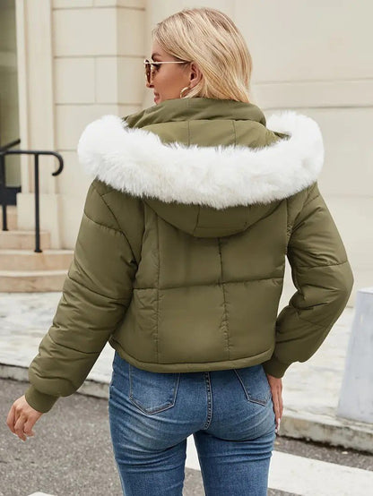VogeLuxe | Women’s Cropped Quilted Puffer Jacket with Faux Fur Hood