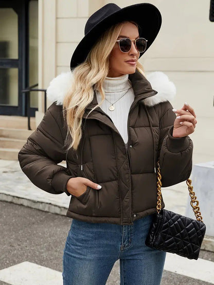 VogeLuxe | Women’s Cropped Quilted Puffer Jacket with Faux Fur Hood
